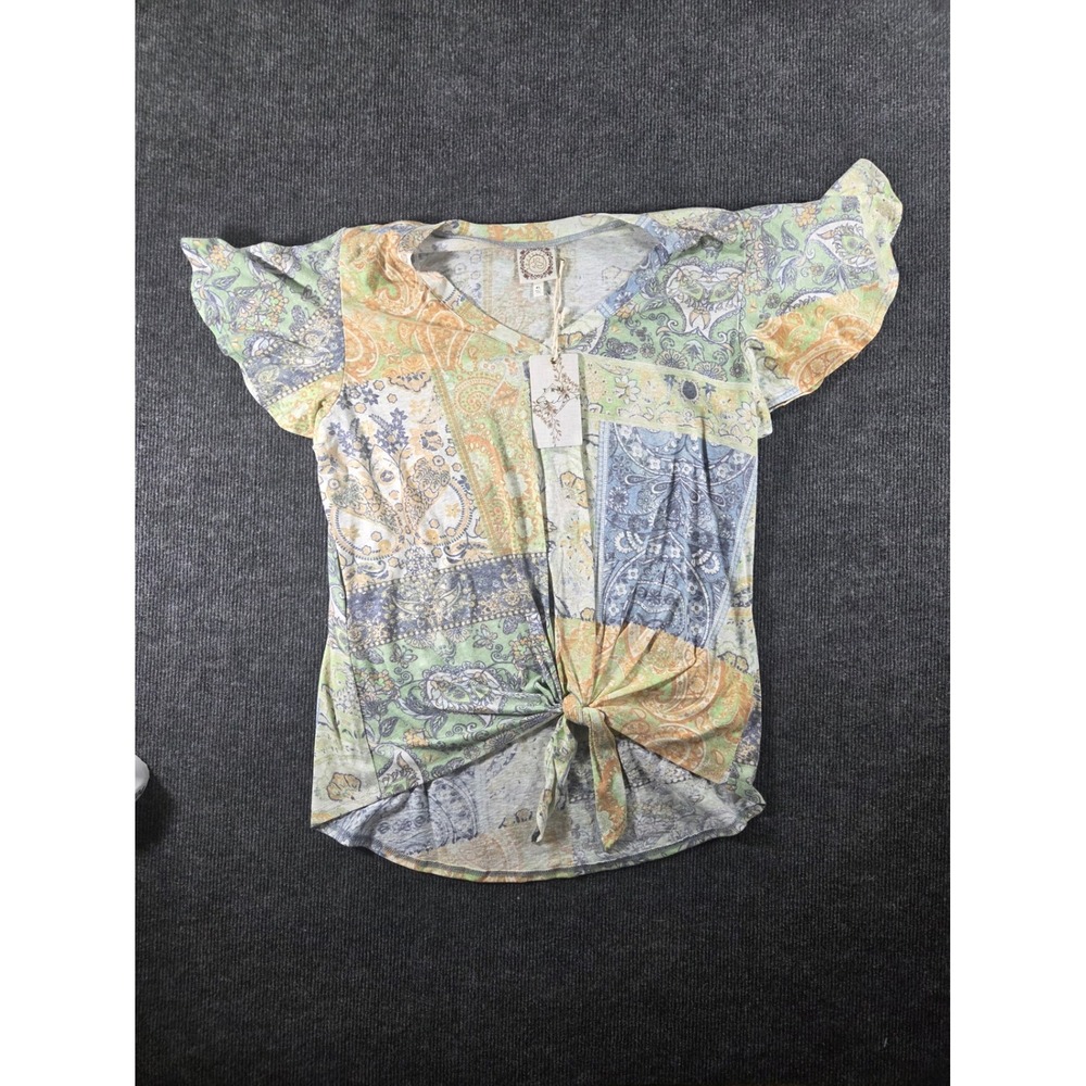 Tru Self Womens XL Patchwork Paisley V-Neck Flutter Sleeve Tie Front Top Green